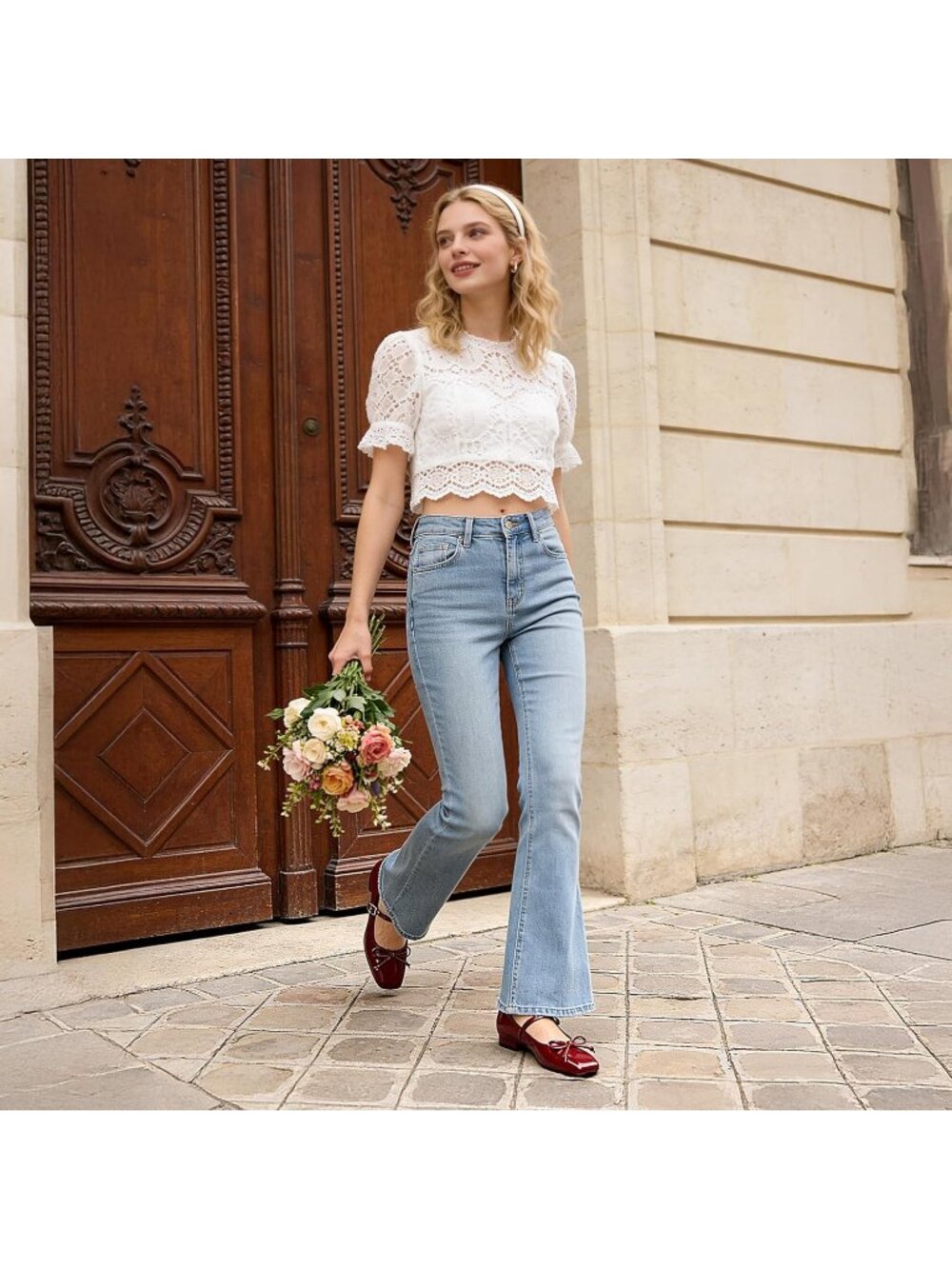 Women's Mary Jane Flats Square Wine Red Toe Ballet Flats Shoes with Buckle Strap - Picture 3 of 6